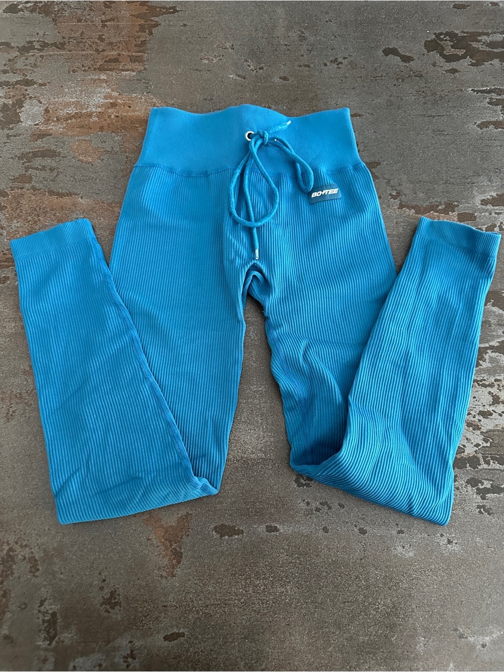 Bo+Tee Blue Ribbed High-Waist Leggings with Faux Drawstring
